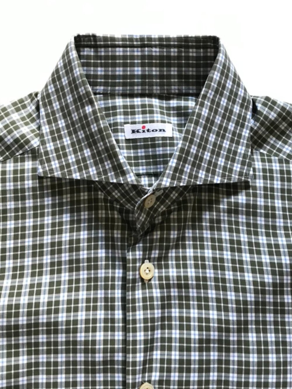 KITON Napoli Button Down Sport Shirt Mens 40 16 Green Blue White Plaid Cotton